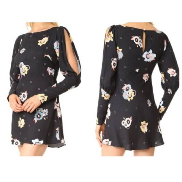 Free People Dress Womens 0 Black Floral Long‎ Split Sleeves Keyhole - Picture 2 of 9